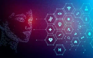 Digital illustration of a human face analyzing massive data streams, representing artificial intelligence in healthcare