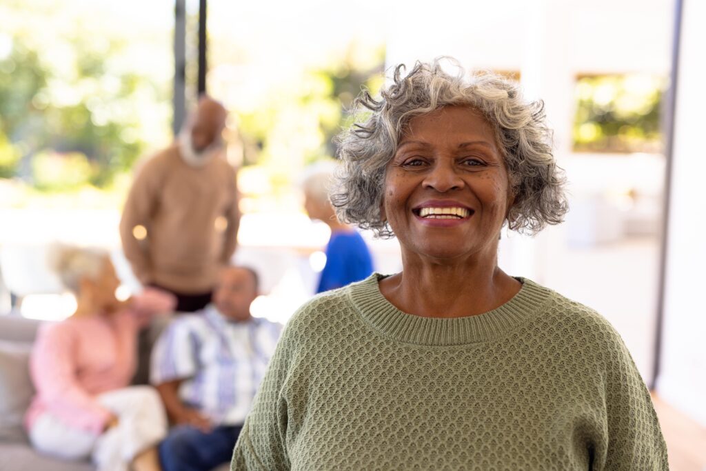 happy elderly woman in senior living 