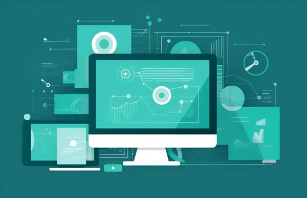 Computers, tablets, and software illustrating different types of healthcare website integrations